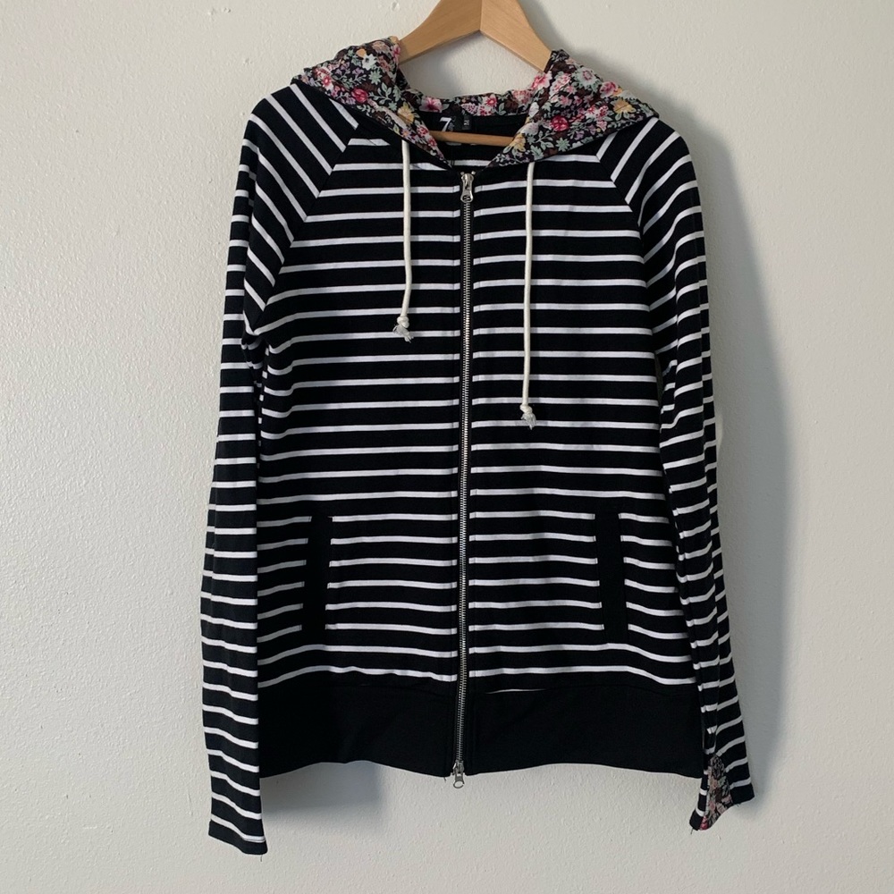 Unique Vintage Black & White Striped Zip-Up Jacket with Floral Hood